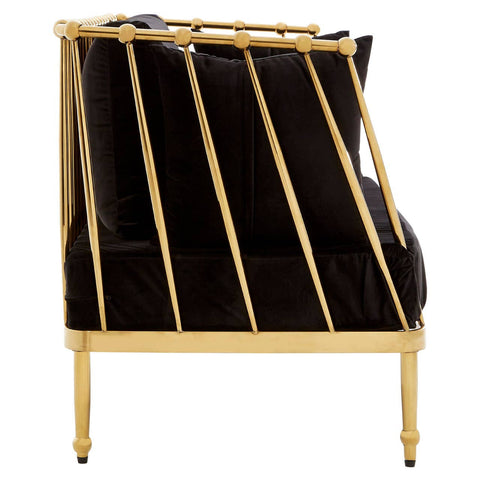 A sleek two-seater sofa featuring a luxurious black velvet upholstery and a striking gold frame. The design showcases a modern silhouette with vertical gold bars on the backrest, adding a contemporary touch. The legs are elegantly tapered, enhancing the overall sophisticated appearance