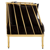 A sleek two-seater sofa featuring a luxurious black velvet upholstery and a striking gold frame. The design showcases a modern silhouette with vertical gold bars on the backrest, adding a contemporary touch. The legs are elegantly tapered, enhancing the overall sophisticated appearance
