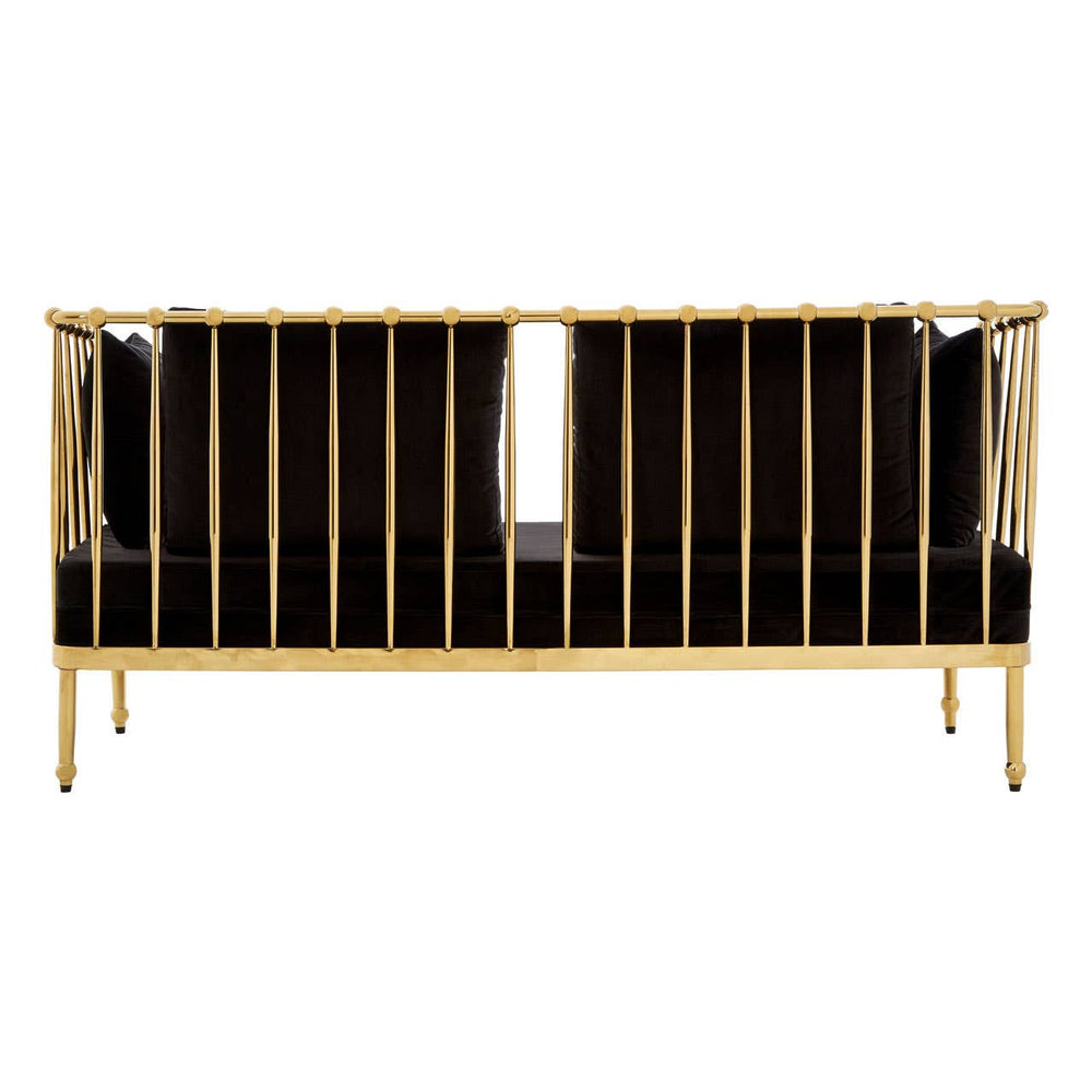 Black velvet two-seater sofa featuring a sleek gold frame and elegant vertical slats on the backrest, with a modern design suitable for contemporary interiors