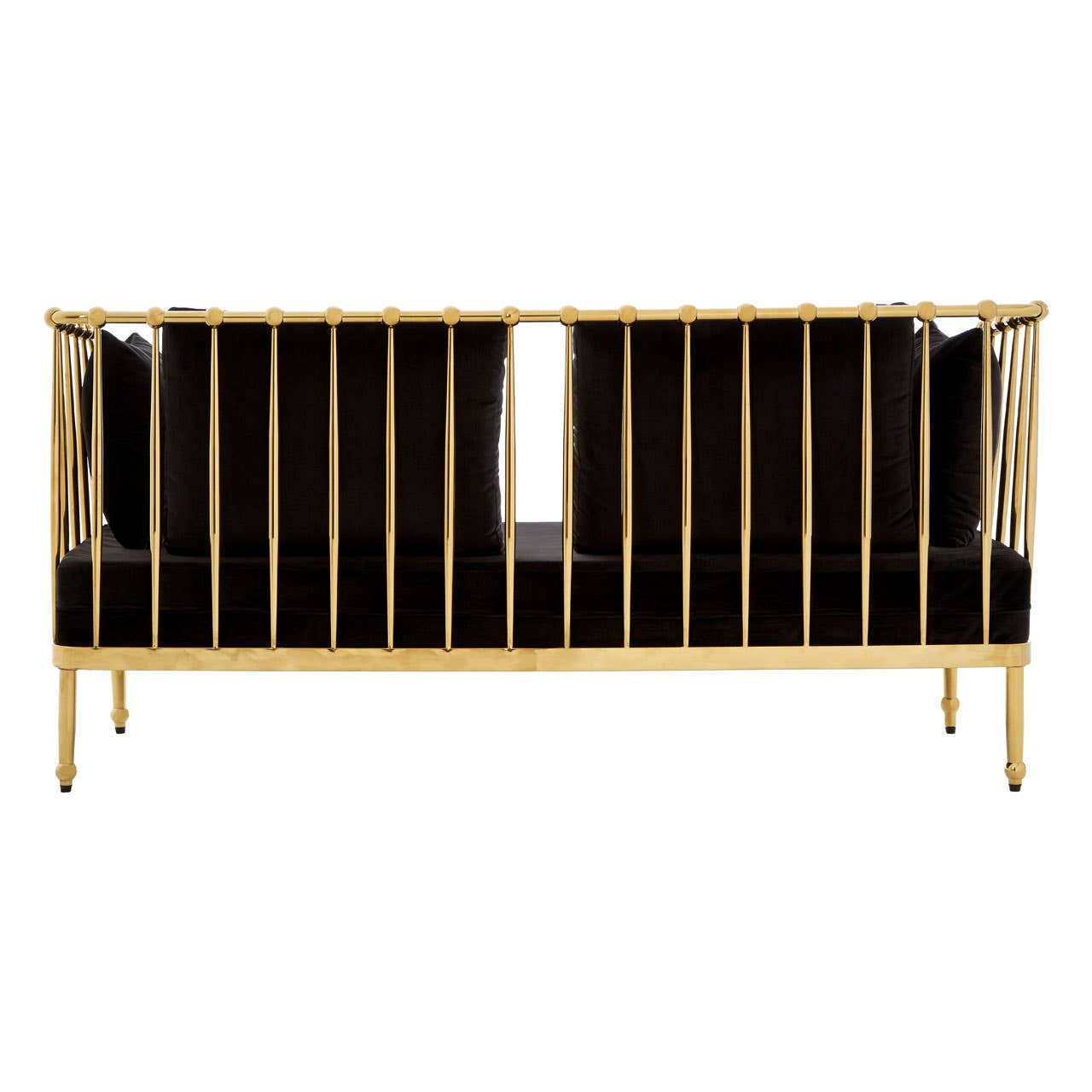 Black velvet two-seater sofa featuring a sleek gold frame and elegant vertical slats on the backrest, with a modern design suitable for contemporary interiors