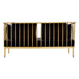 Black velvet two-seater sofa featuring a sleek gold frame and elegant vertical slats on the backrest, with a modern design suitable for contemporary interiors