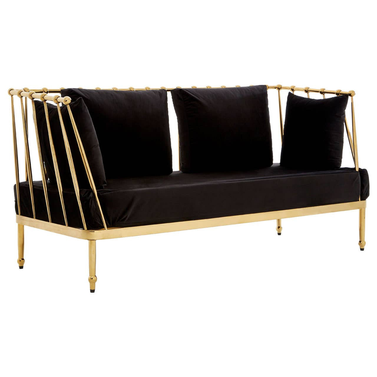 Black velvet two-seater sofa with a sleek gold frame, featuring three plush cushions and a modern design. The sofa has a minimalist aesthetic with open, geometric lines in the frame, enhancing its contemporary look