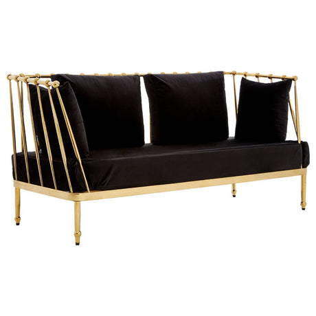 Black velvet two-seater sofa with a sleek gold frame, featuring three plush cushions and a modern design. The sofa has a minimalist aesthetic with open, geometric lines in the frame, enhancing its contemporary look