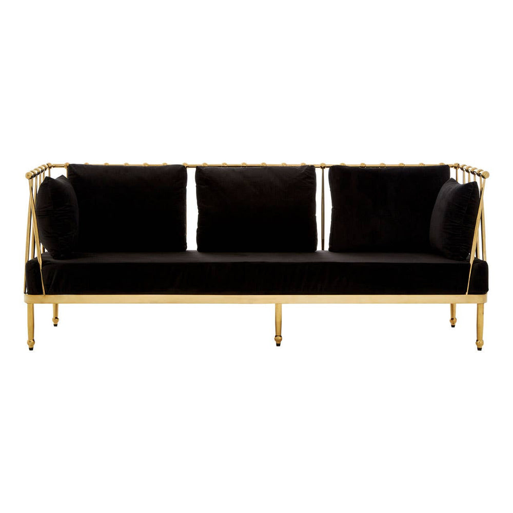 Three-seater sofa featuring a sleek black velvet upholstery with plush cushions, supported by a stylish gold finish frame and legs, showcasing a modern and elegant design