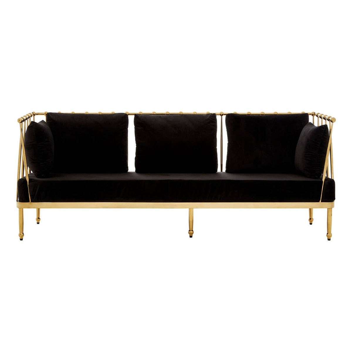 Three-seater sofa featuring a sleek black velvet upholstery with plush cushions, supported by a stylish gold finish frame and legs, showcasing a modern and elegant design