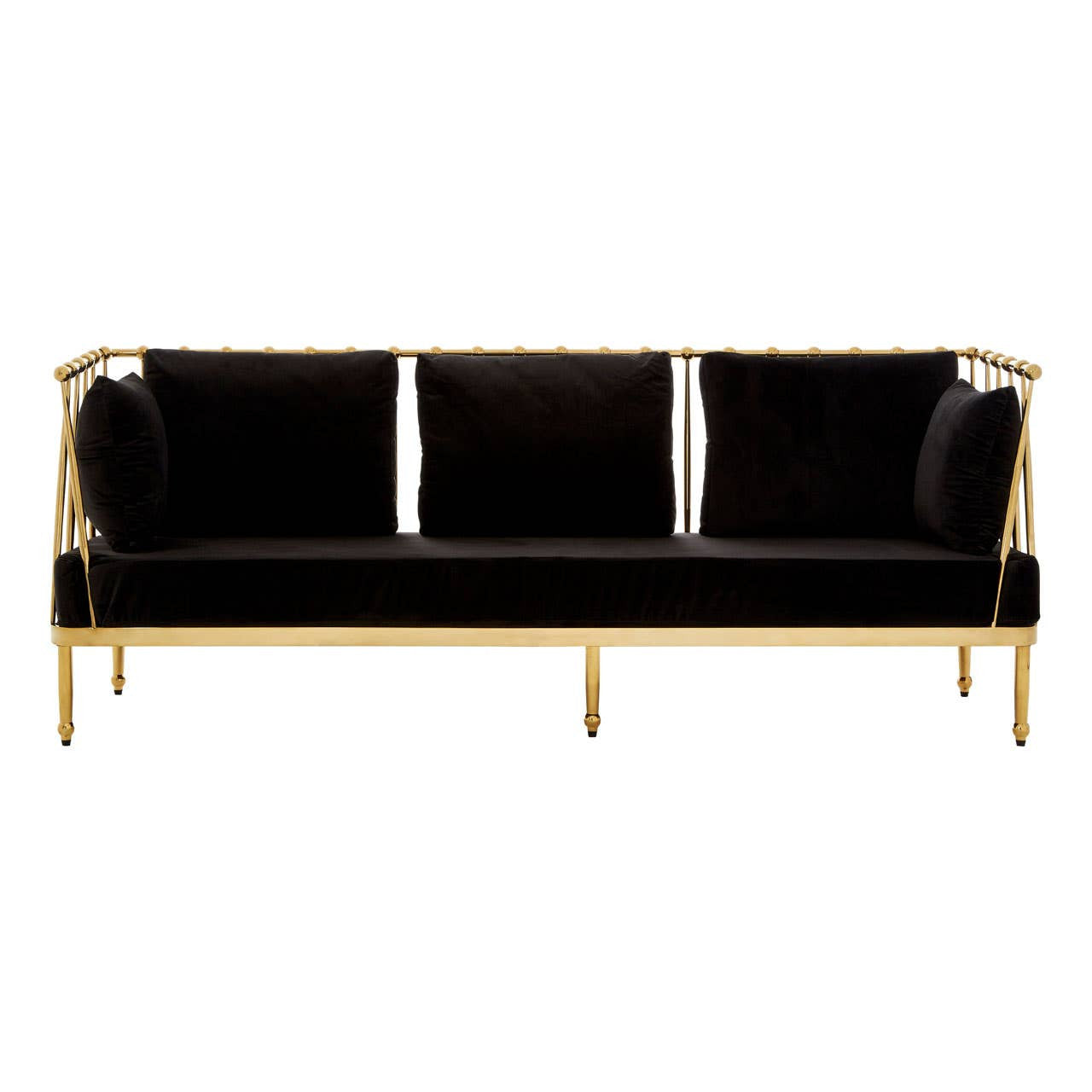 Three-seater sofa featuring a sleek black velvet upholstery with plush cushions, supported by a stylish gold finish frame and legs, showcasing a modern and elegant design