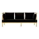 Three-seater sofa featuring a sleek black velvet upholstery with plush cushions, supported by a stylish gold finish frame and legs, showcasing a modern and elegant design