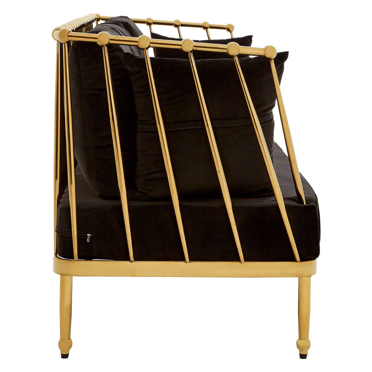 A sleek three-seater sofa featuring a black velvet upholstery and a striking gold finish on the frame. The design includes a modern geometric pattern with vertical gold bars accentuating the sides, creating a stylish contrast with the plush black fabric. The sofa stands on slender gold legs, adding elegance to its overall appearance