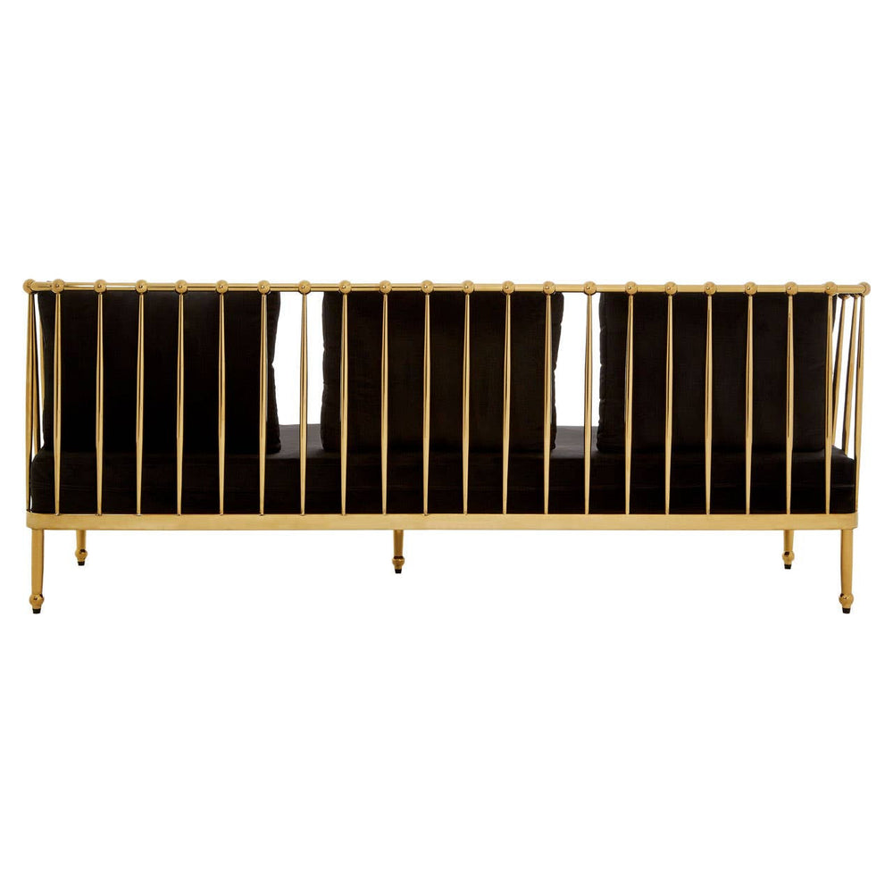 Three-seater sofa featuring a sleek black velvet upholstery with a luxurious gold finish on the legs and frame. The design includes clean lines and a modern aesthetic, suitable for contemporary living spaces