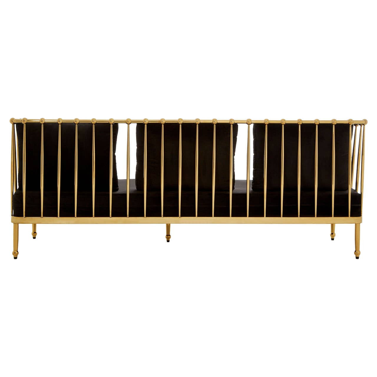 Three-seater sofa featuring a sleek black velvet upholstery with a luxurious gold finish on the legs and frame. The design includes clean lines and a modern aesthetic, suitable for contemporary living spaces
