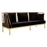 Black velvet three-seater sofa with a sleek gold finish frame, featuring a modern design and plush cushions. The sofa has a minimalist aesthetic with vertical gold accents on the sides and a smooth, luxurious texture