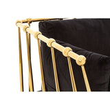 Close-up view of the armrest of a black velvet 3 seater sofa featuring a gold finish frame with decorative round accents along the side. The soft texture of the velvet contrasts with the sleek metallic elements