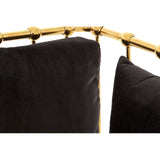 Black velvet upholstery with a sleek gold finish frame, showcasing a modern three-seater sofa design. The sofa features plush cushions and a stylish, curved backrest, highlighting its elegant aesthetic