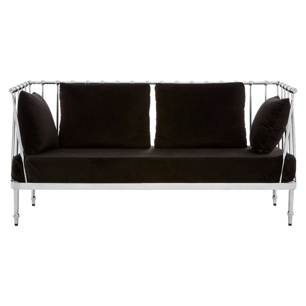 Black velvet two-seater sofa featuring a sleek silver frame, with plush cushions and a modern design. The sofa has a minimalist aesthetic, showcasing clean lines and a contemporary look suitable for various interior styles