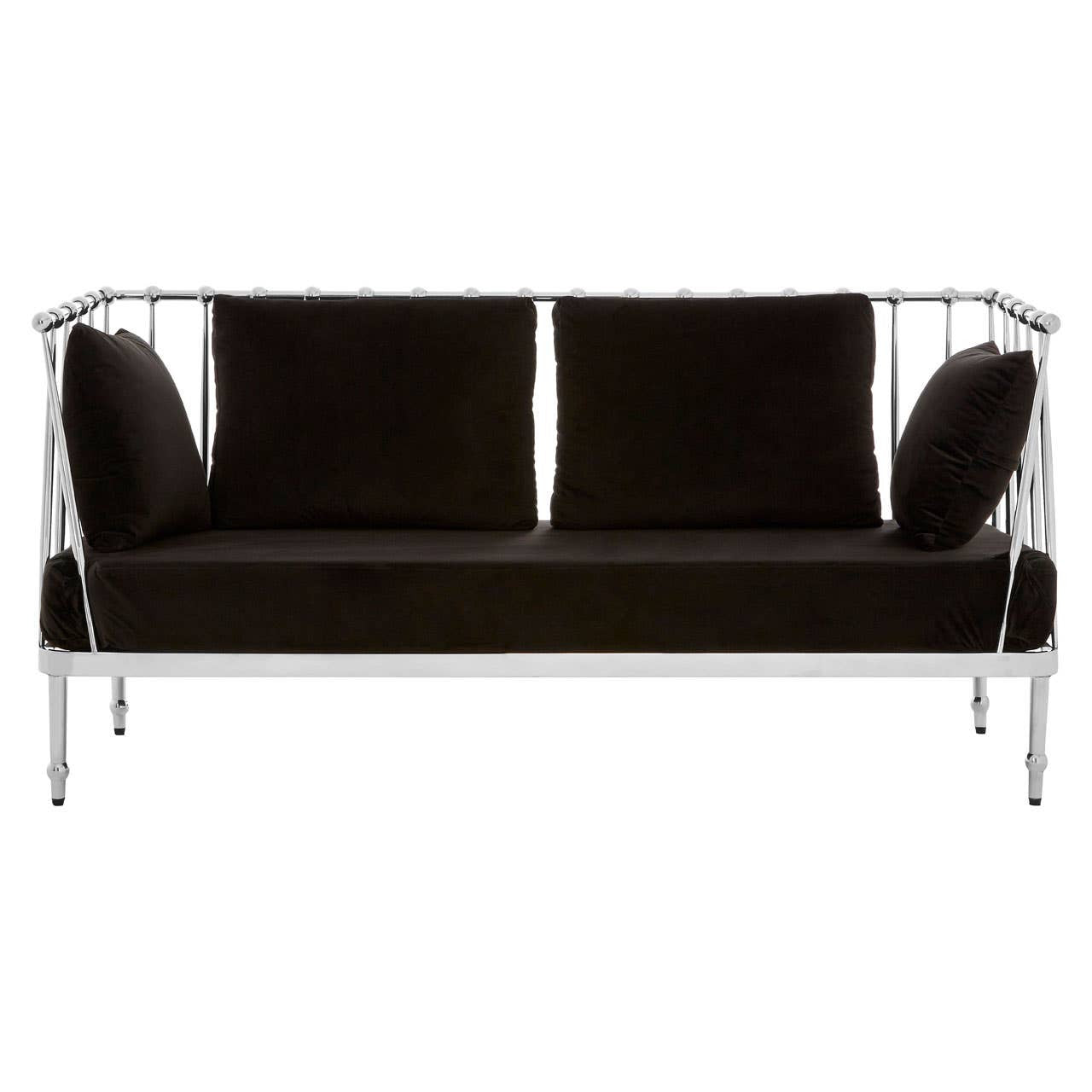 Black velvet two-seater sofa featuring a sleek silver frame, with plush cushions and a modern design. The sofa has a minimalist aesthetic, showcasing clean lines and a contemporary look suitable for various interior styles
