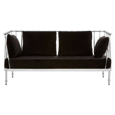 Black velvet two-seater sofa featuring a sleek silver frame, with plush cushions and a modern design. The sofa has a minimalist aesthetic, showcasing clean lines and a contemporary look suitable for various interior styles