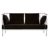 Black velvet two-seater sofa featuring a sleek silver frame, with plush cushions and a modern design. The sofa has a minimalist aesthetic, showcasing clean lines and a contemporary look suitable for various interior styles