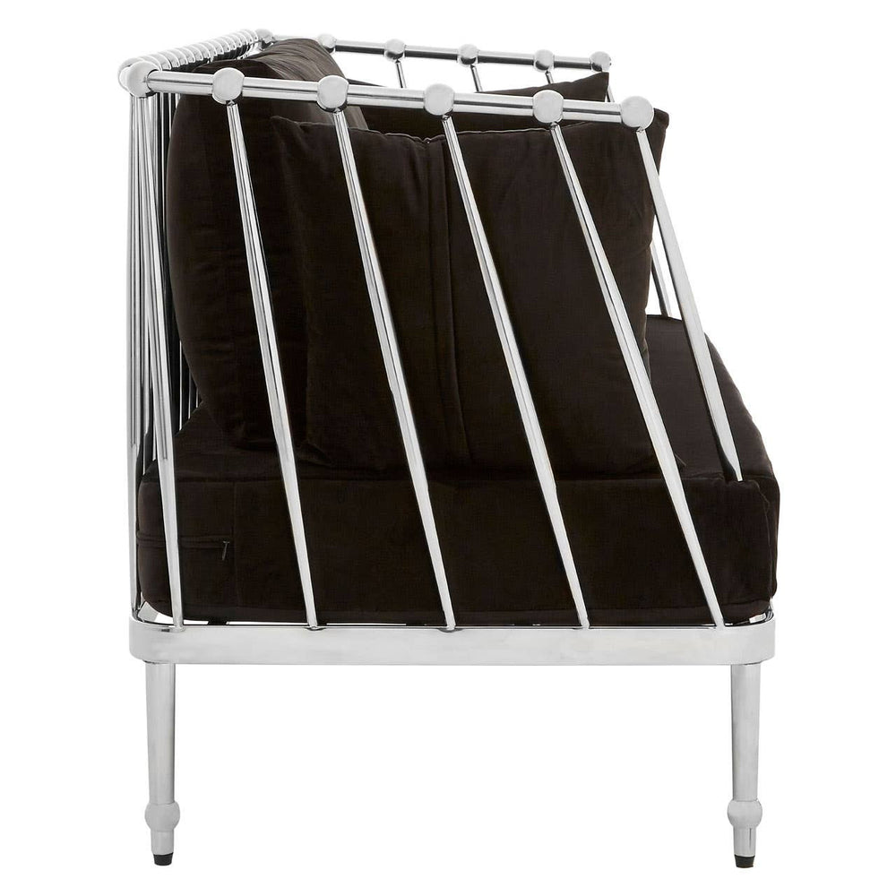 Black velvet two-seater sofa with a sleek silver frame, featuring a modern design and angled backrest. The sofa has plush cushions and slender legs, showcasing a contemporary aesthetic suitable for various interior styles