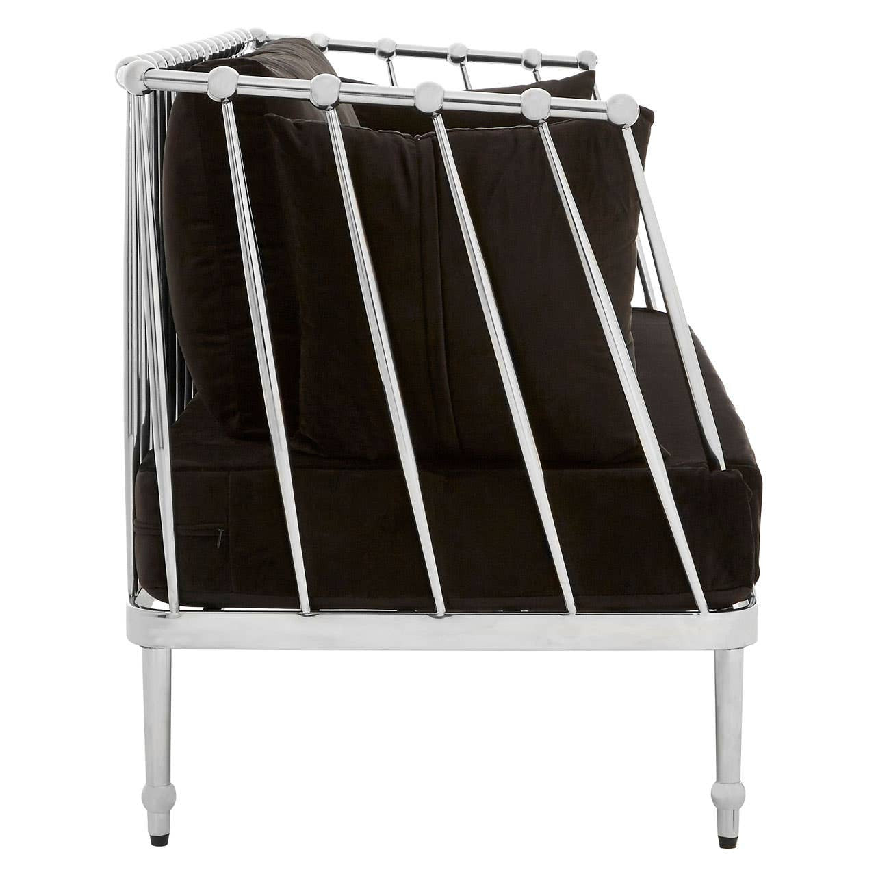 Black velvet two-seater sofa with a sleek silver frame, featuring a modern design and angled backrest. The sofa has plush cushions and slender legs, showcasing a contemporary aesthetic suitable for various interior styles