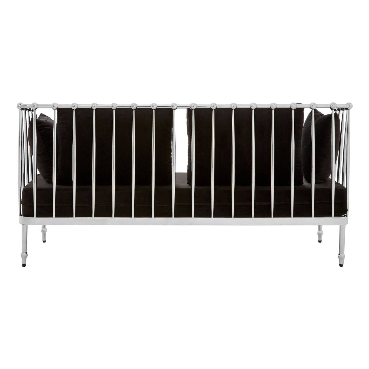 A sleek two-seater sofa featuring a luxurious black velvet upholstery and a shiny silver frame. The sofa has a modern design with clean lines and a minimalist aesthetic, making it suitable for contemporary living spaces. The legs are slender and metallic, adding to the elegant look
