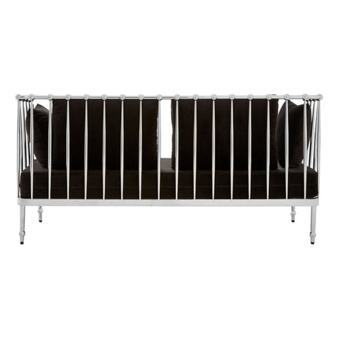 A sleek two-seater sofa featuring a luxurious black velvet upholstery and a shiny silver frame. The sofa has a modern design with clean lines and a minimalist aesthetic, making it suitable for contemporary living spaces. The legs are slender and metallic, adding to the elegant look