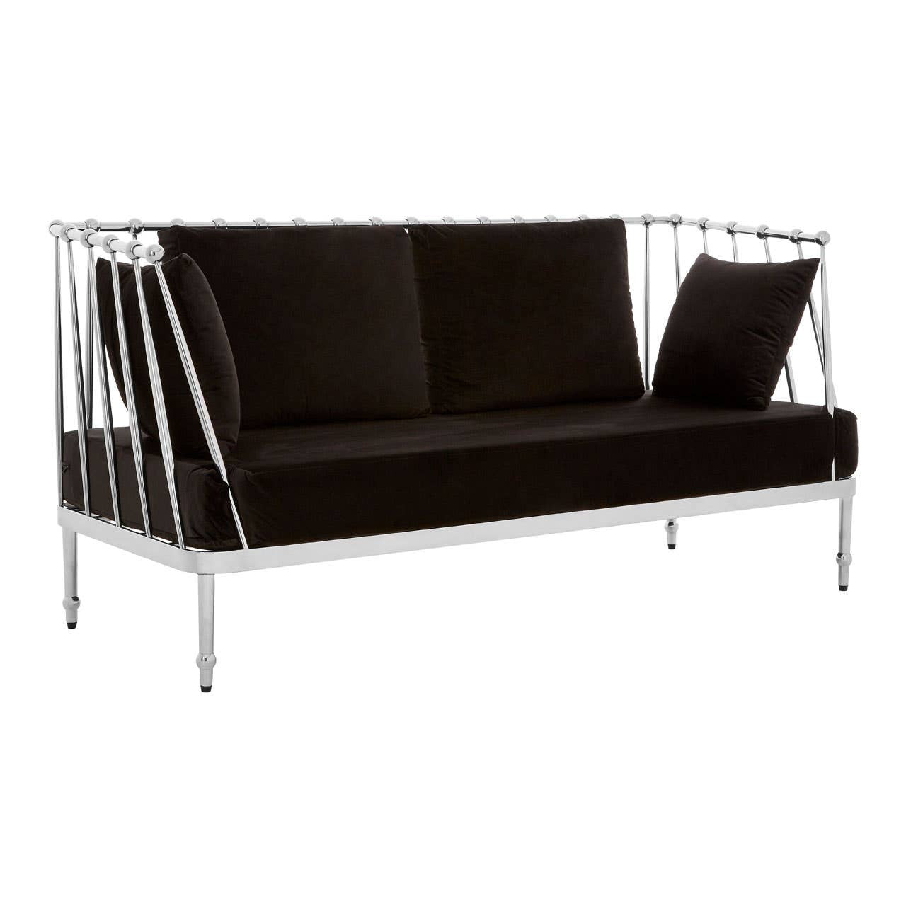 Black velvet two-seater sofa featuring a sleek silver metal frame, with a modern design and one decorative cushion on the left side. The sofa has a minimalist aesthetic, showcasing clean lines and an open back