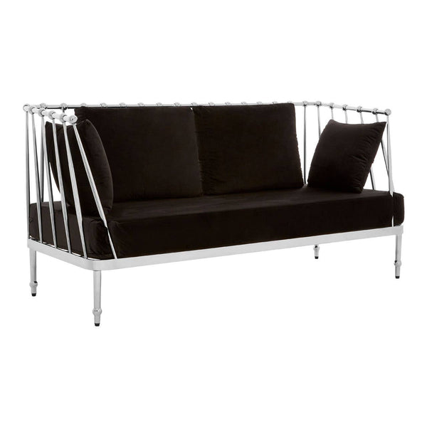 Black velvet two-seater sofa featuring a sleek silver metal frame, with a modern design and one decorative cushion on the left side. The sofa has a minimalist aesthetic, showcasing clean lines and an open back