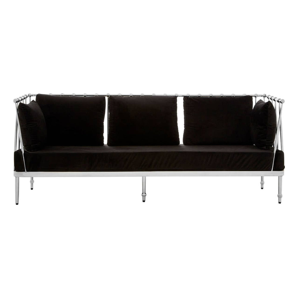 A sleek three-seater sofa featuring a luxurious black velvet upholstery and a shiny silver frame, with three plush back cushions and modern, minimalist design. The sofa stands on slender legs, emphasizing its contemporary aesthetic