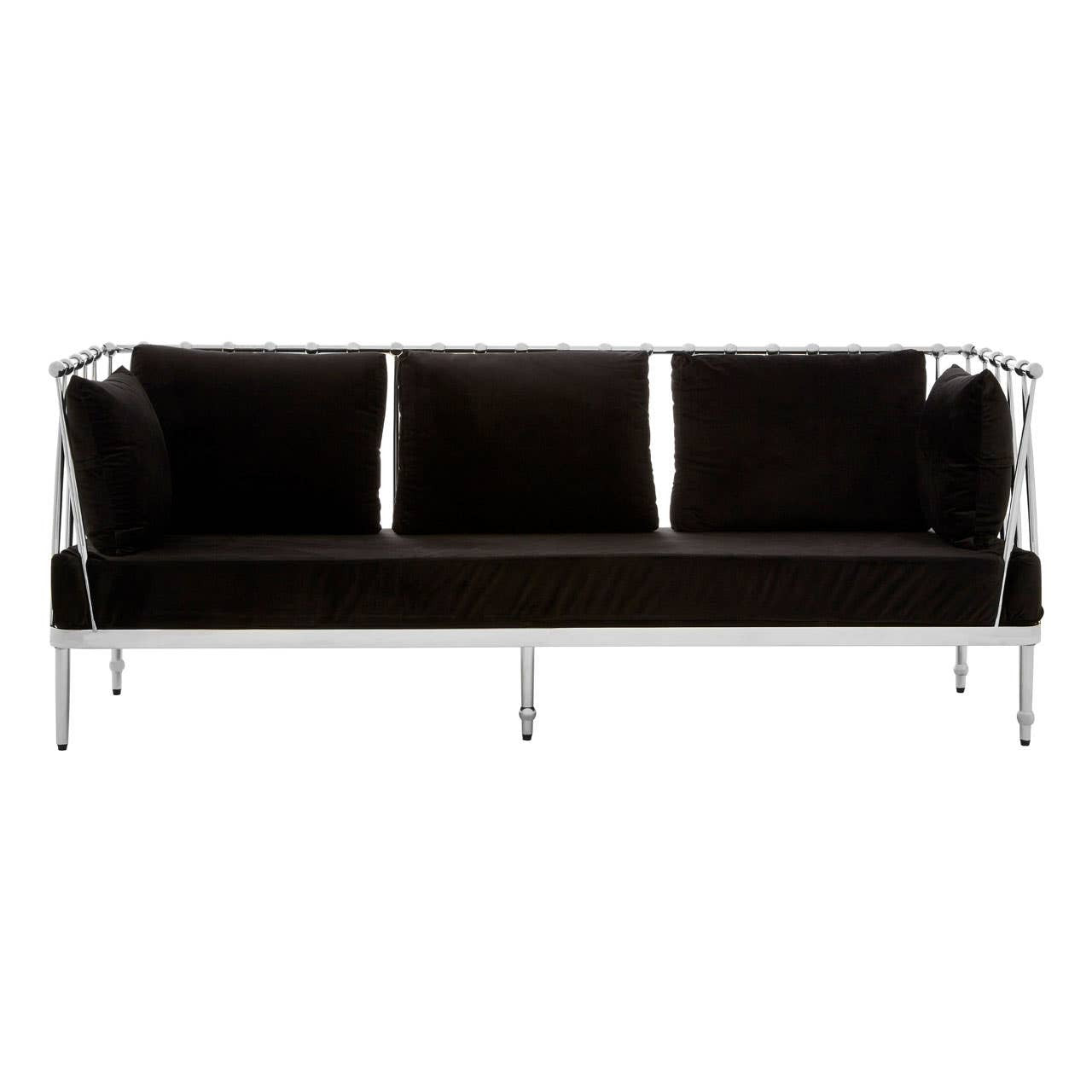 A sleek three-seater sofa featuring a luxurious black velvet upholstery and a shiny silver frame, with three plush back cushions and modern, minimalist design. The sofa stands on slender legs, emphasizing its contemporary aesthetic