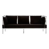 A sleek three-seater sofa featuring a luxurious black velvet upholstery and a shiny silver frame, with three plush back cushions and modern, minimalist design. The sofa stands on slender legs, emphasizing its contemporary aesthetic
