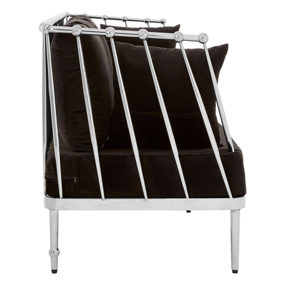 A sleek three-seater sofa featuring a luxurious black velvet upholstery and a modern silver frame, showcasing clean lines and a contemporary design. The sofa has a low backrest and is supported by slender legs, emphasizing its elegant profile