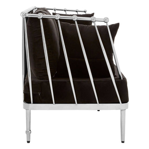 A sleek three-seater sofa featuring a luxurious black velvet upholstery and a modern silver frame, showcasing clean lines and a contemporary design. The sofa has a low backrest and is supported by slender legs, emphasizing its elegant profile