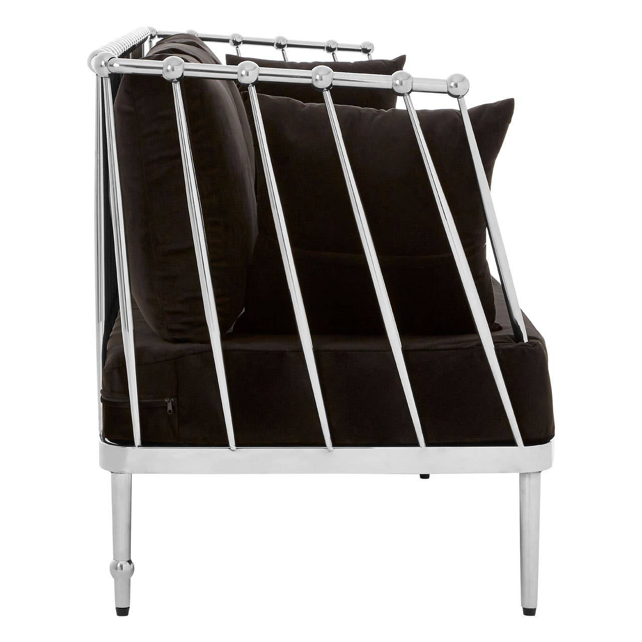 A sleek three-seater sofa featuring a luxurious black velvet upholstery and a modern silver frame, showcasing clean lines and a contemporary design. The sofa has a low backrest and is supported by slender legs, emphasizing its elegant profile