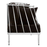 A sleek three-seater sofa featuring a luxurious black velvet upholstery and a modern silver frame, showcasing clean lines and a contemporary design. The sofa has a low backrest and is supported by slender legs, emphasizing its elegant profile