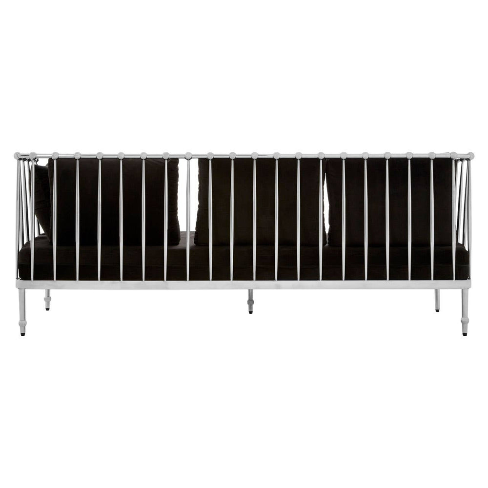 Three-seater sofa featuring a sleek black velvet upholstery and a modern silver frame, showcasing a minimalist design with clean lines and a comfortable seating area. The sofa is positioned against a neutral background, highlighting its elegant appearance