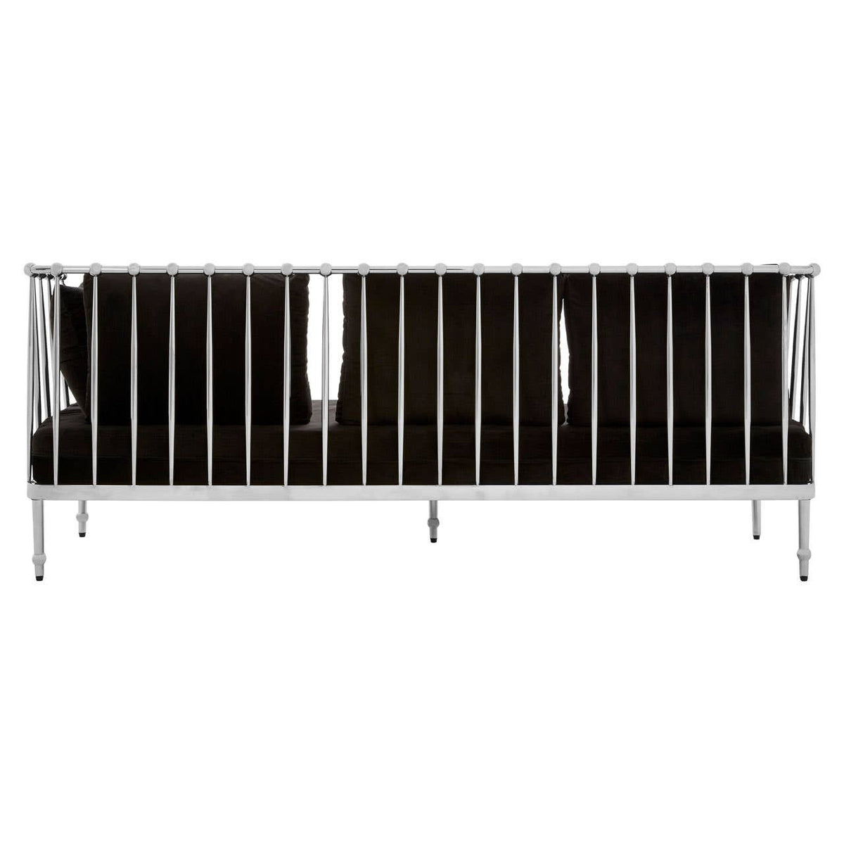 Three-seater sofa featuring a sleek black velvet upholstery and a modern silver frame, showcasing a minimalist design with clean lines and a comfortable seating area. The sofa is positioned against a neutral background, highlighting its elegant appearance
