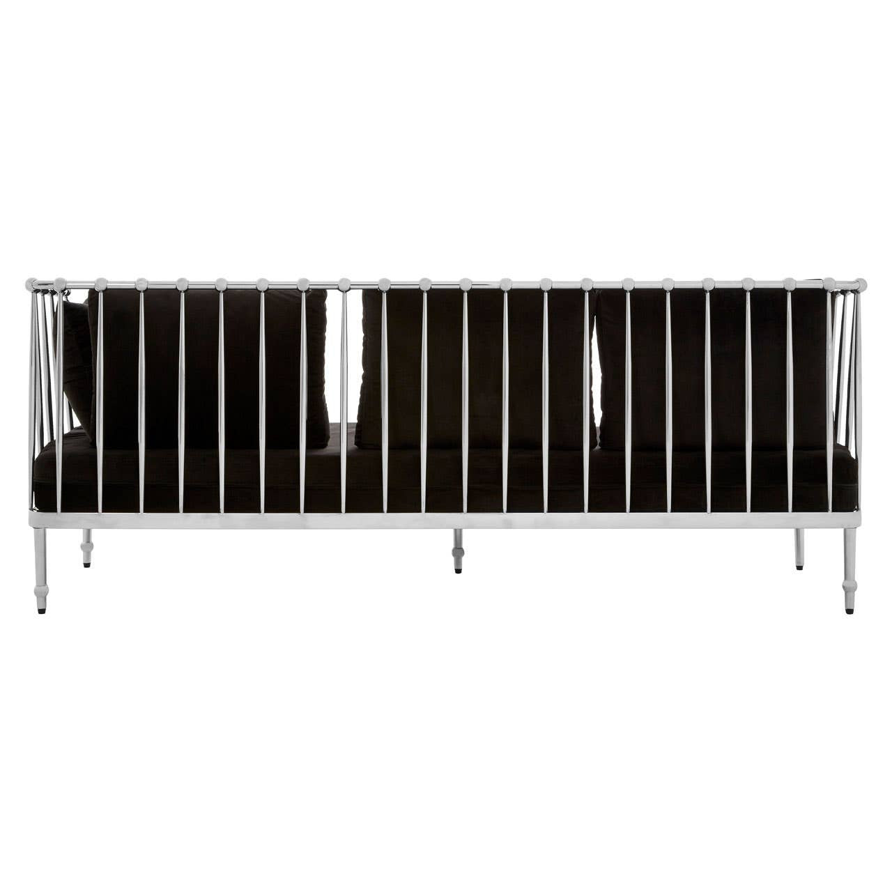Three-seater sofa featuring a sleek black velvet upholstery and a modern silver frame, showcasing a minimalist design with clean lines and a comfortable seating area. The sofa is positioned against a neutral background, highlighting its elegant appearance