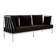 Black velvet three-seater sofa with a sleek silver frame, featuring a modern design and plush cushions for comfort. The backrest has a unique slatted pattern, and the sofa stands on slender metallic legs
