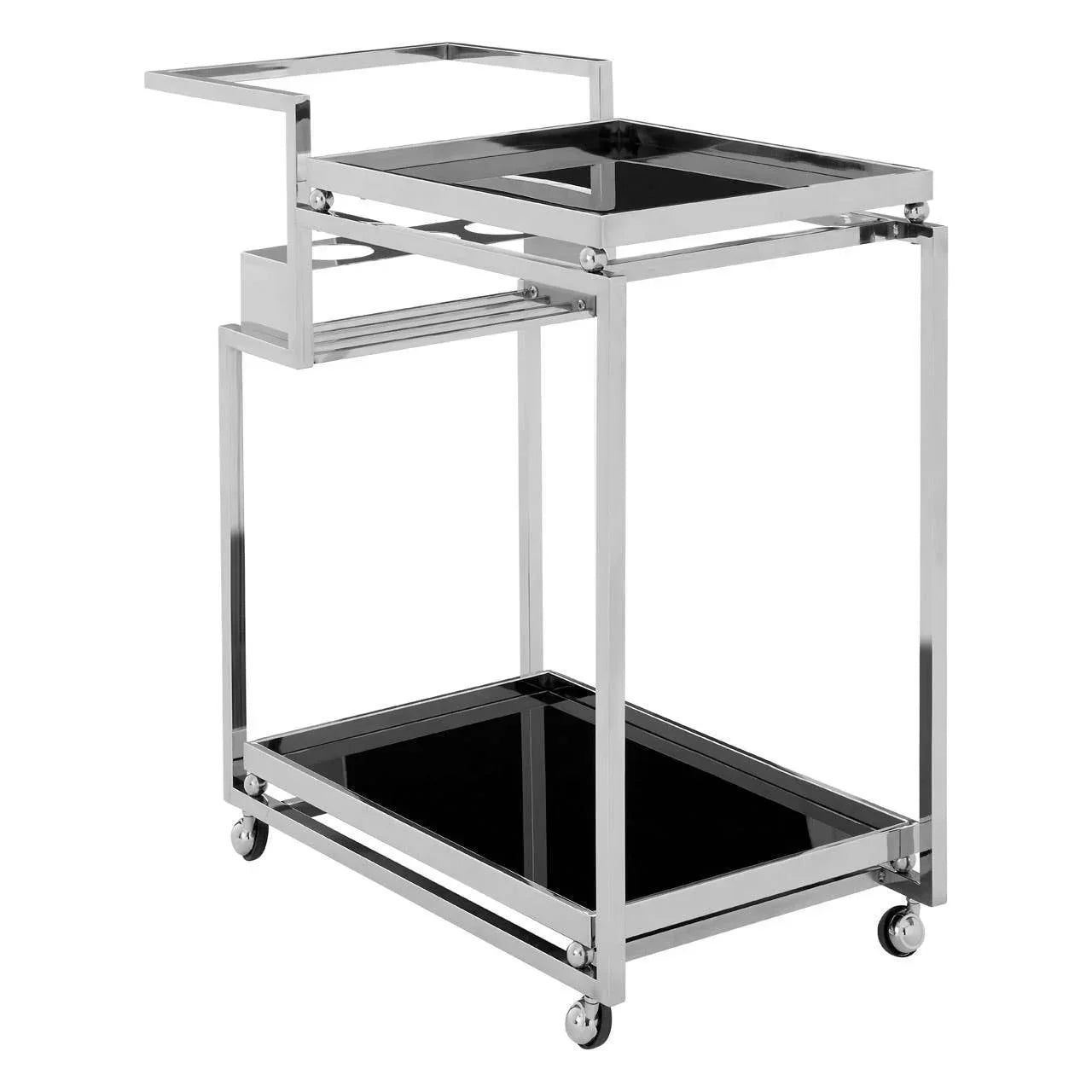 Chrome and black glass bar cart with two shelves and swivel wheels