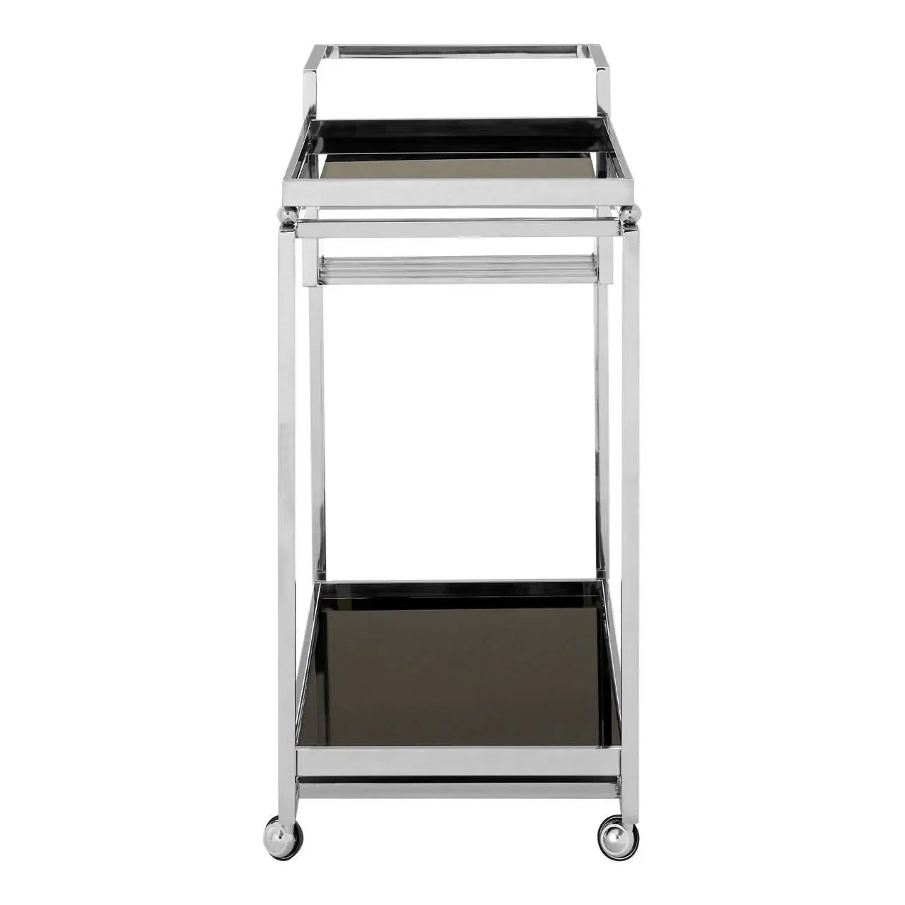 Chrome and glass drinks trolley with two shelves and castor wheels, front view