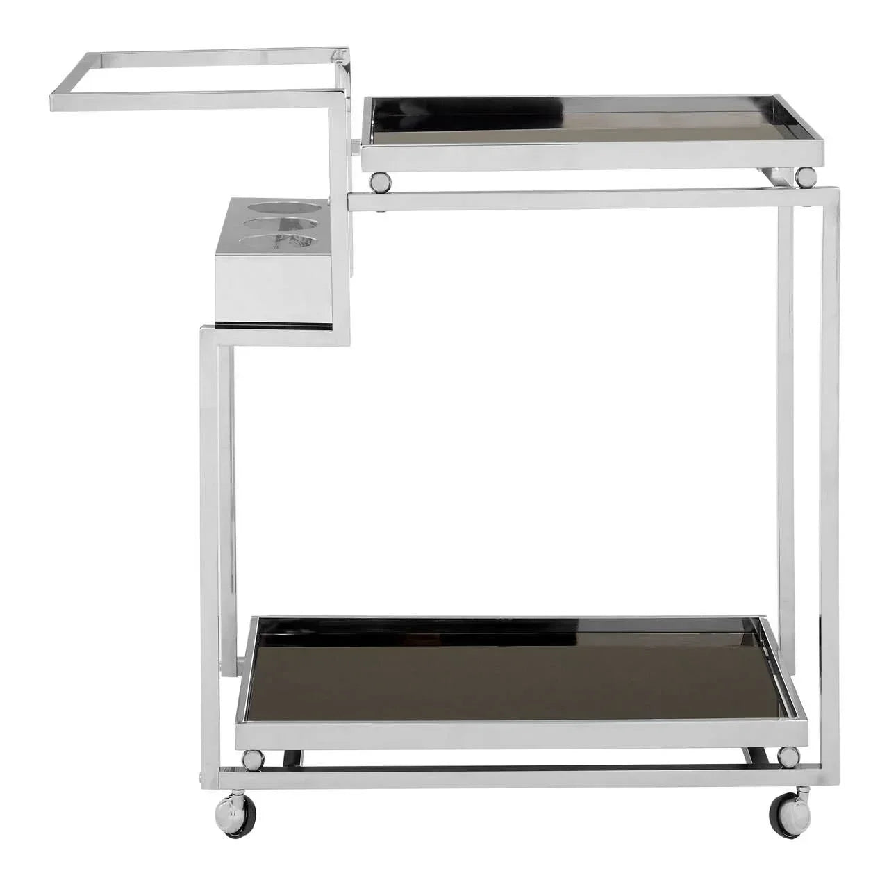Chrome and glass drinks trolley with two shelves and integrated bottle holder on wheels