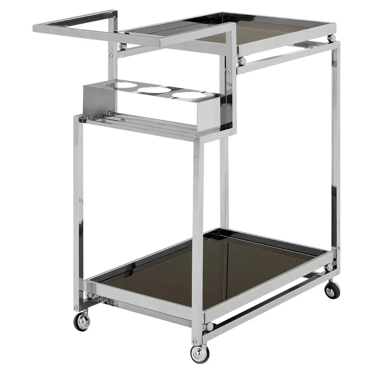 Chrome metal drinks trolley with glass shelves and bottle holders on wheels