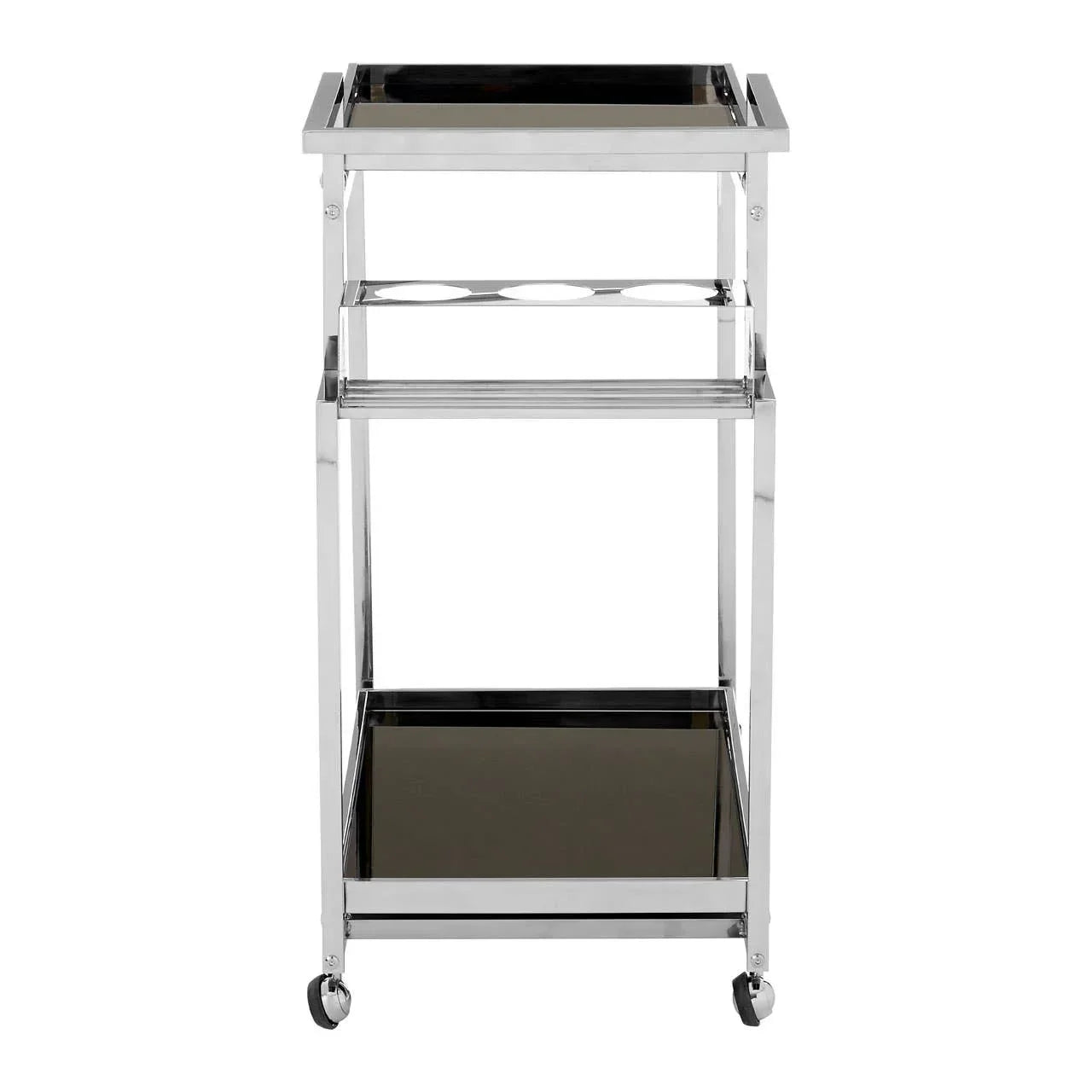 Chrome drinks trolley with black glass shelves and bottle rack on castor wheels