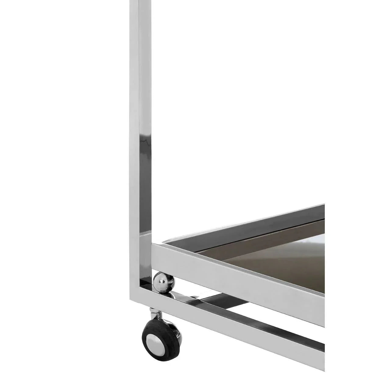 Chrome and glass drinks trolley corner with caster wheel detail