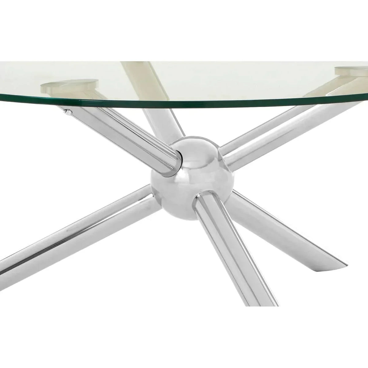 Glass coffee table with chrome metal legs and round clear top, close-up on base design