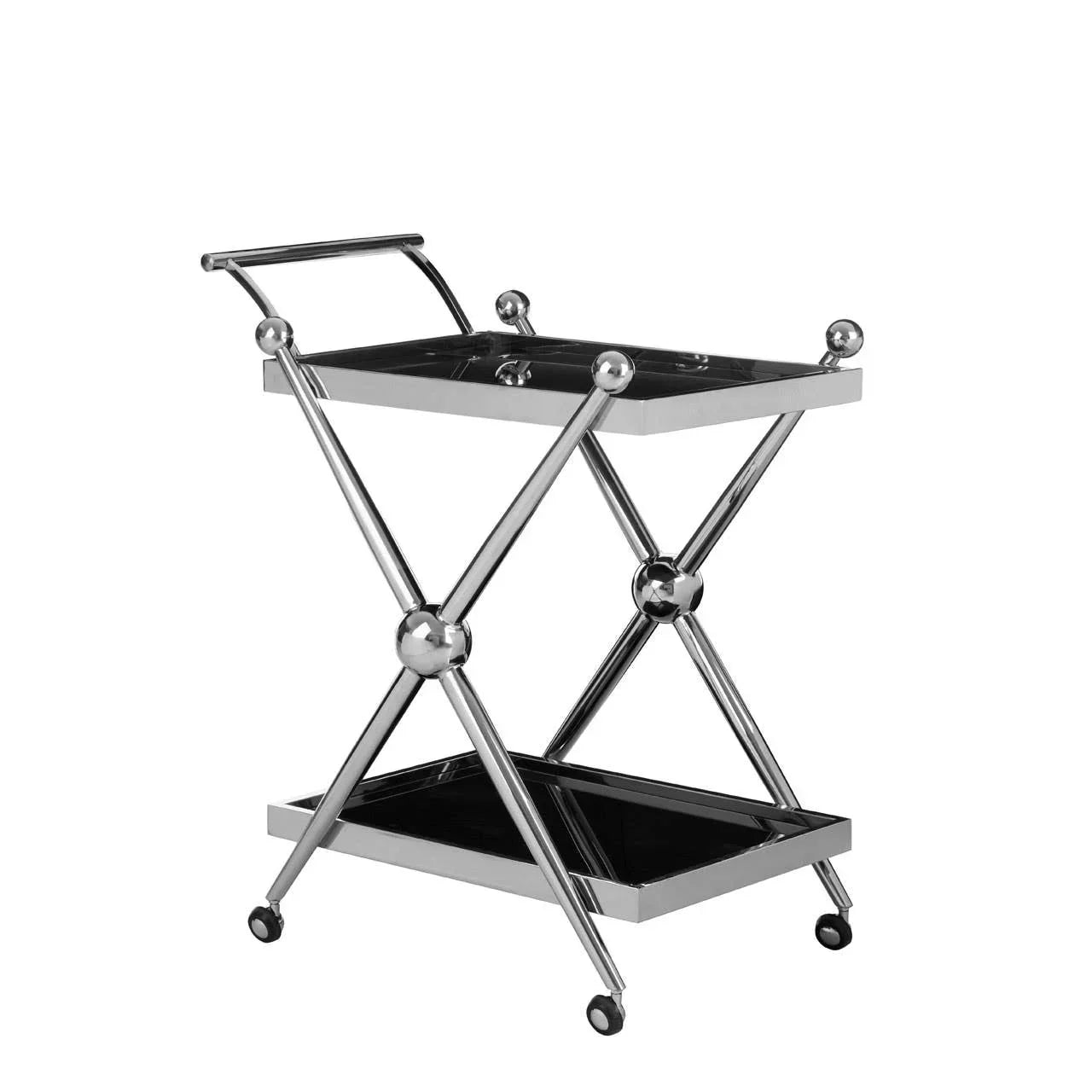 Chrome and black glass drinks trolley with two shelves and handle on castor wheels