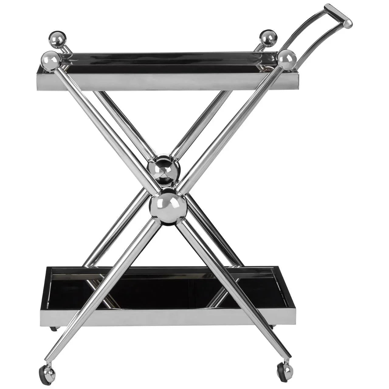 chrome metal drinks trolley with two glass shelves and handle on wheels