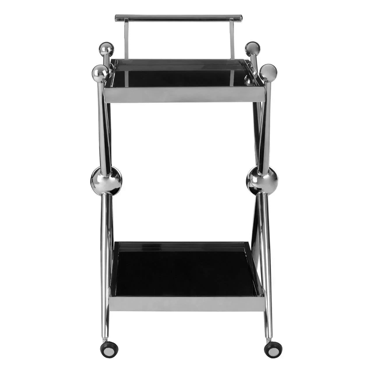 Chrome metal bar trolley with two black glass shelves and wheels, front view