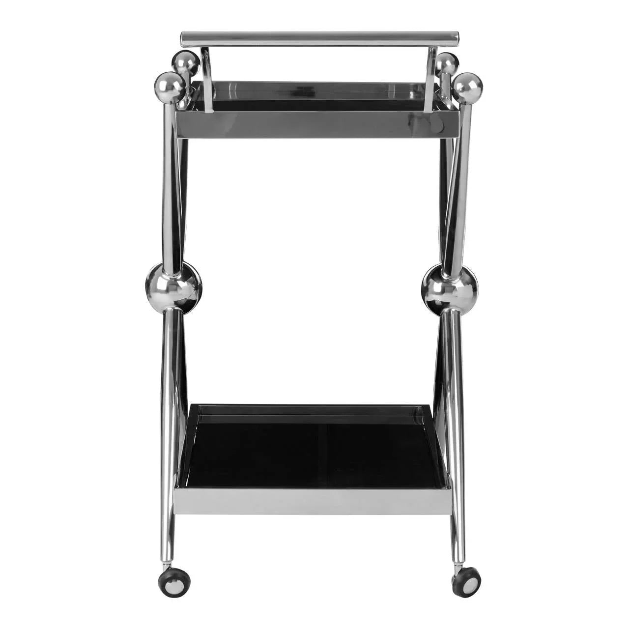 Chrome and black glass drinks trolley with two shelves and wheels, front view