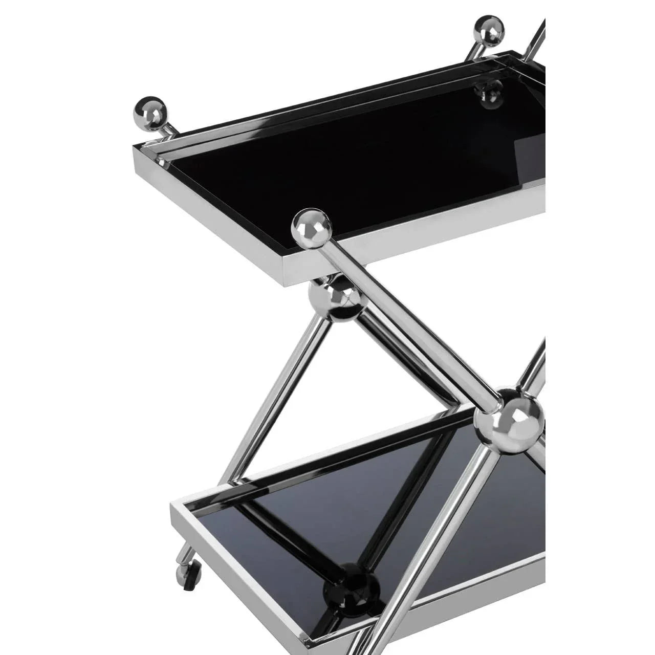 chrome and black glass drinks trolley with two shelves and ball accents